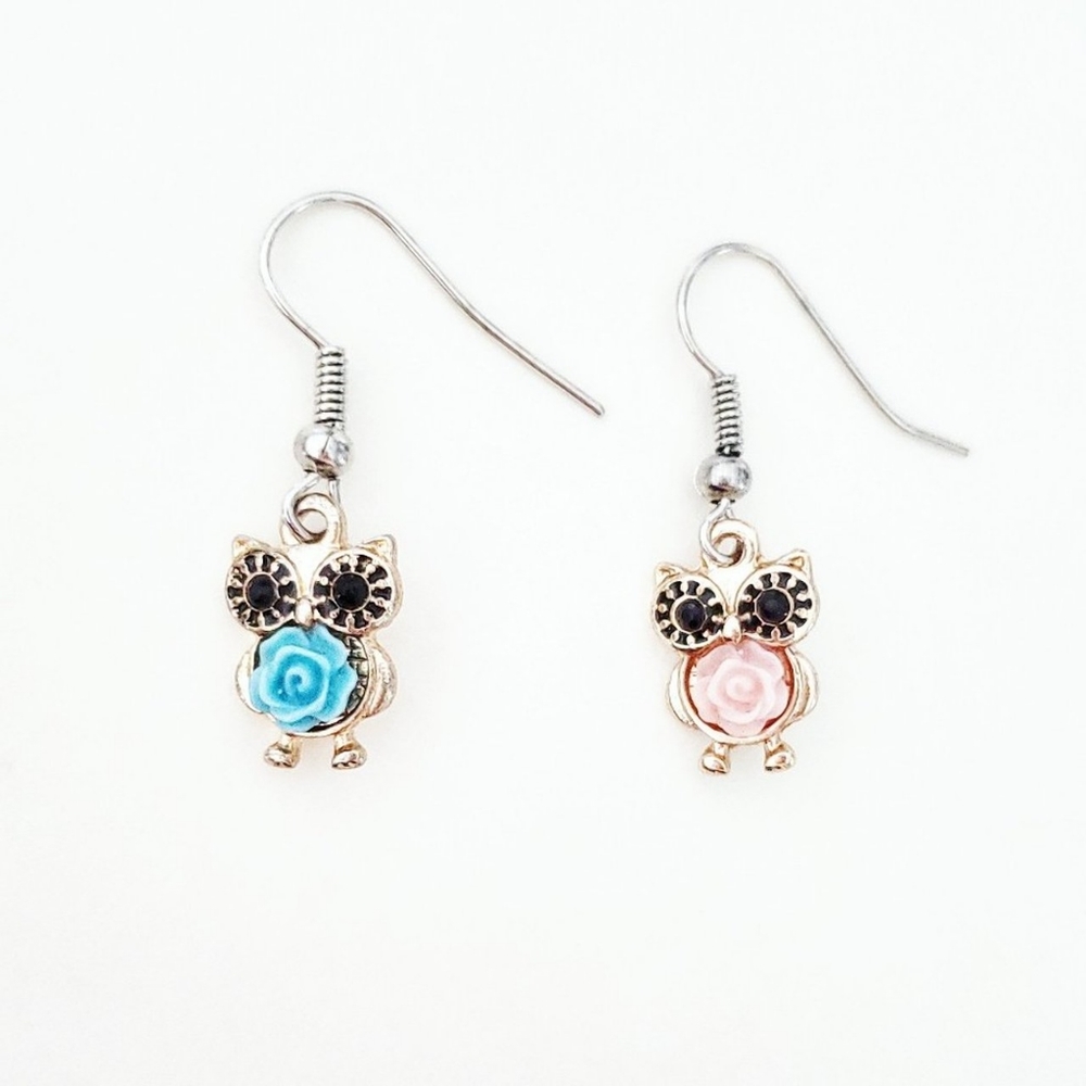 Mini Owl Rose Charm Earrings